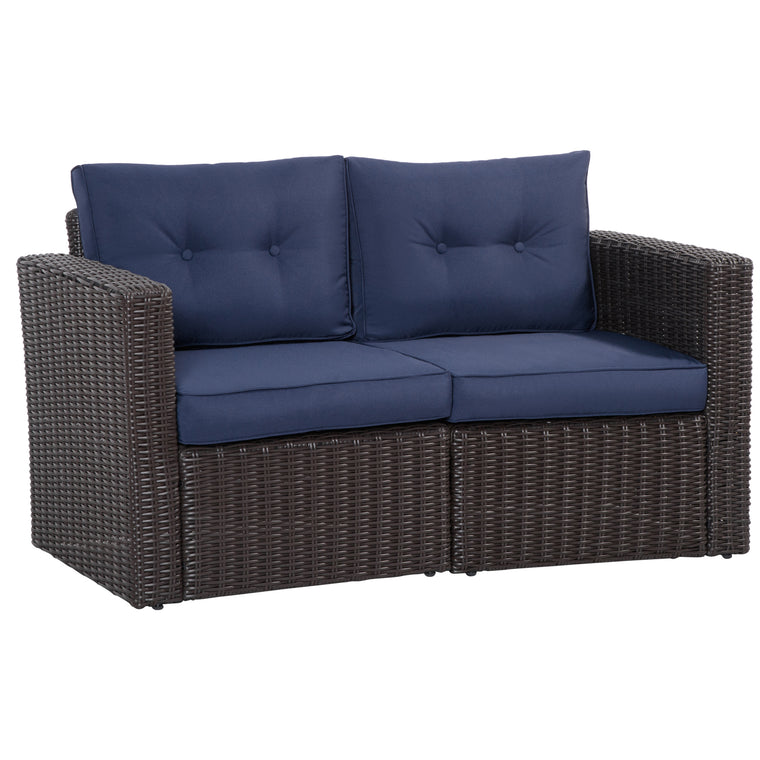 Dark Blue Wicker Corner Sofa Set with Curved Armrests