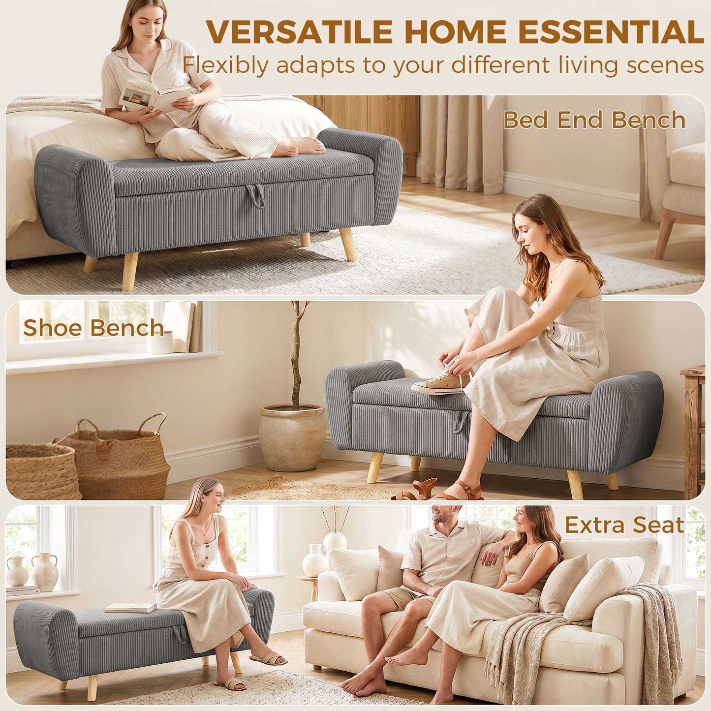 Storage Ottoman, 59" Corduroy End of Bed Storage Bench for King Size Bed with Wooden Legs and Rolled Arms, Dark Grey