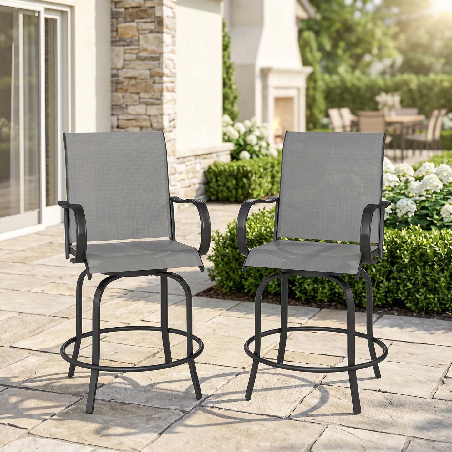 Outdoor Bar Stools Set of 2, 360° Swivel Bar Height Chairs, 26.8" x 29.5" x 48.4", Grey