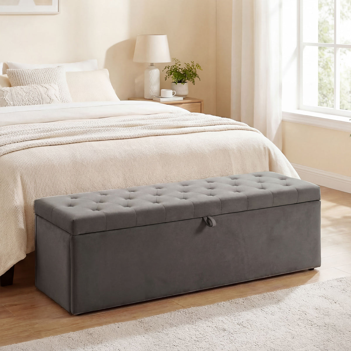 Storage Ottoman, Upholstered Velvet End of Bed Bench, Button Tufted Storage Bench for Bedroom, Living Room, Grey
