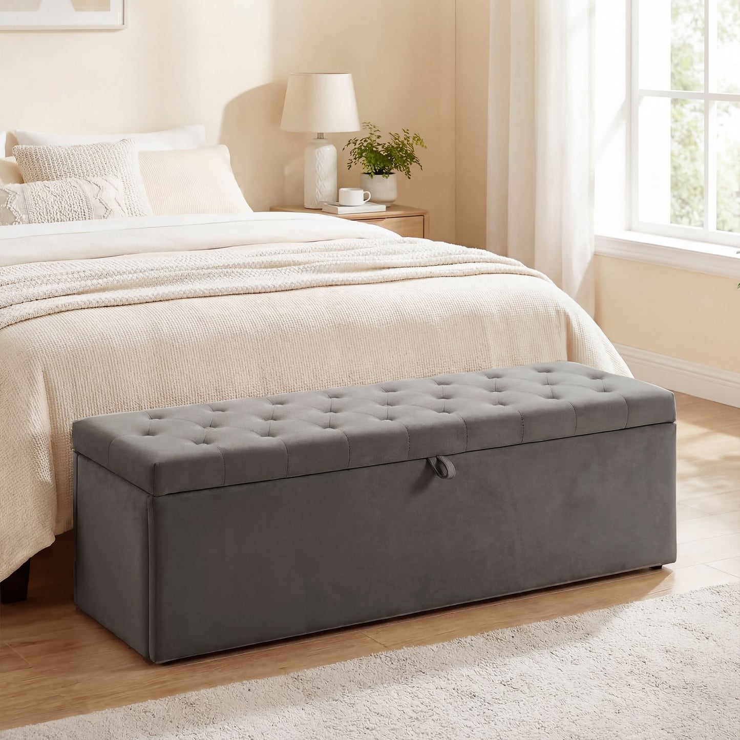 Storage Ottoman, Upholstered Velvet End of Bed Bench, Button Tufted Storage Bench for Bedroom, Living Room, Grey