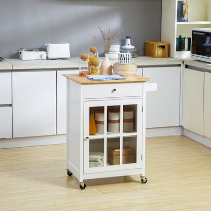 Rolling Kitchen Cart with Glass Door Cabinet - White