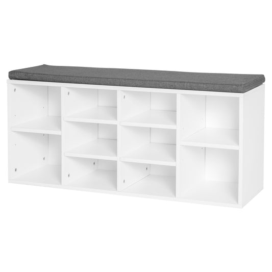 Upholstered Shoe Storage Bench with Adjustable Shelves - White
