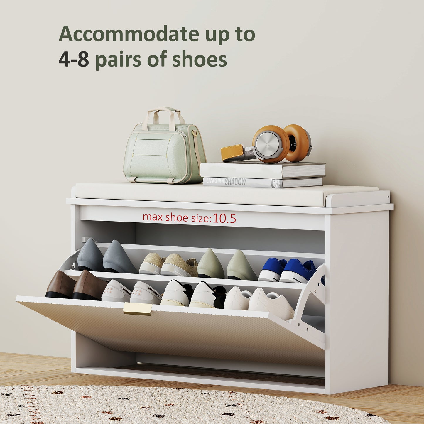 Entryway Bench with Padded Seat and Flip-Drawers, Holds up to 265lbs, Shoe Storage Bench for 8 Pairs of Shoes, White
