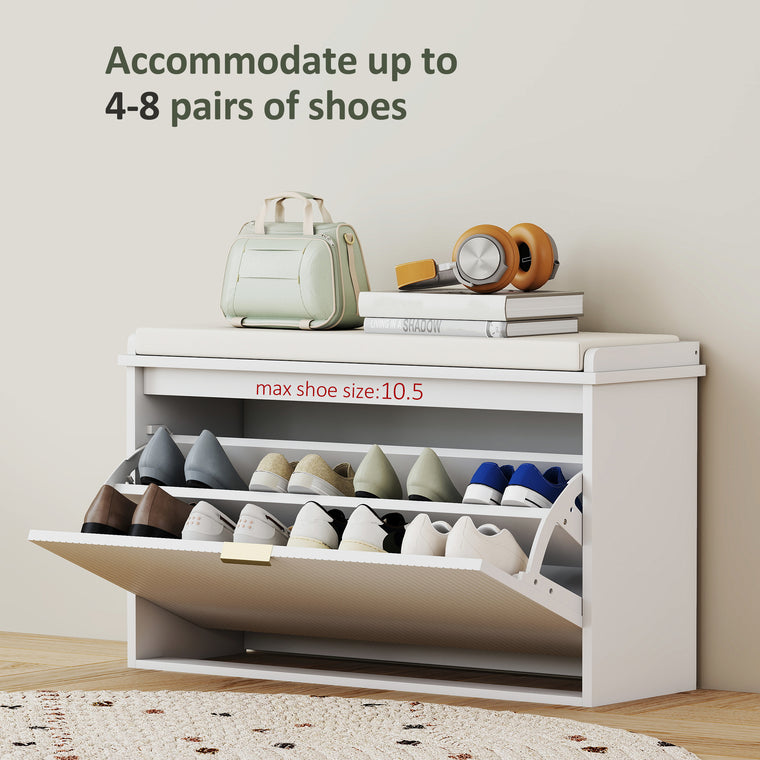 Entryway Shoe Storage Bench with Flip-Drawers - White