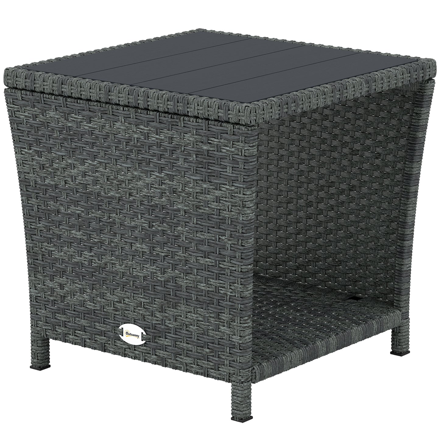 17.7" Wicker Side Table with Storage Shelf, Square PE Rattan Outdoor End Table with PS Wood Slat Top, Grey