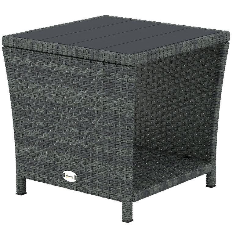 17.7" Wicker Side Table with Storage Shelf and Slat Top
