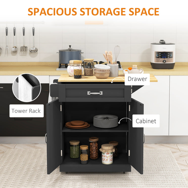 Foldable Rolling Kitchen Island with Drop-Leaf Top - Black