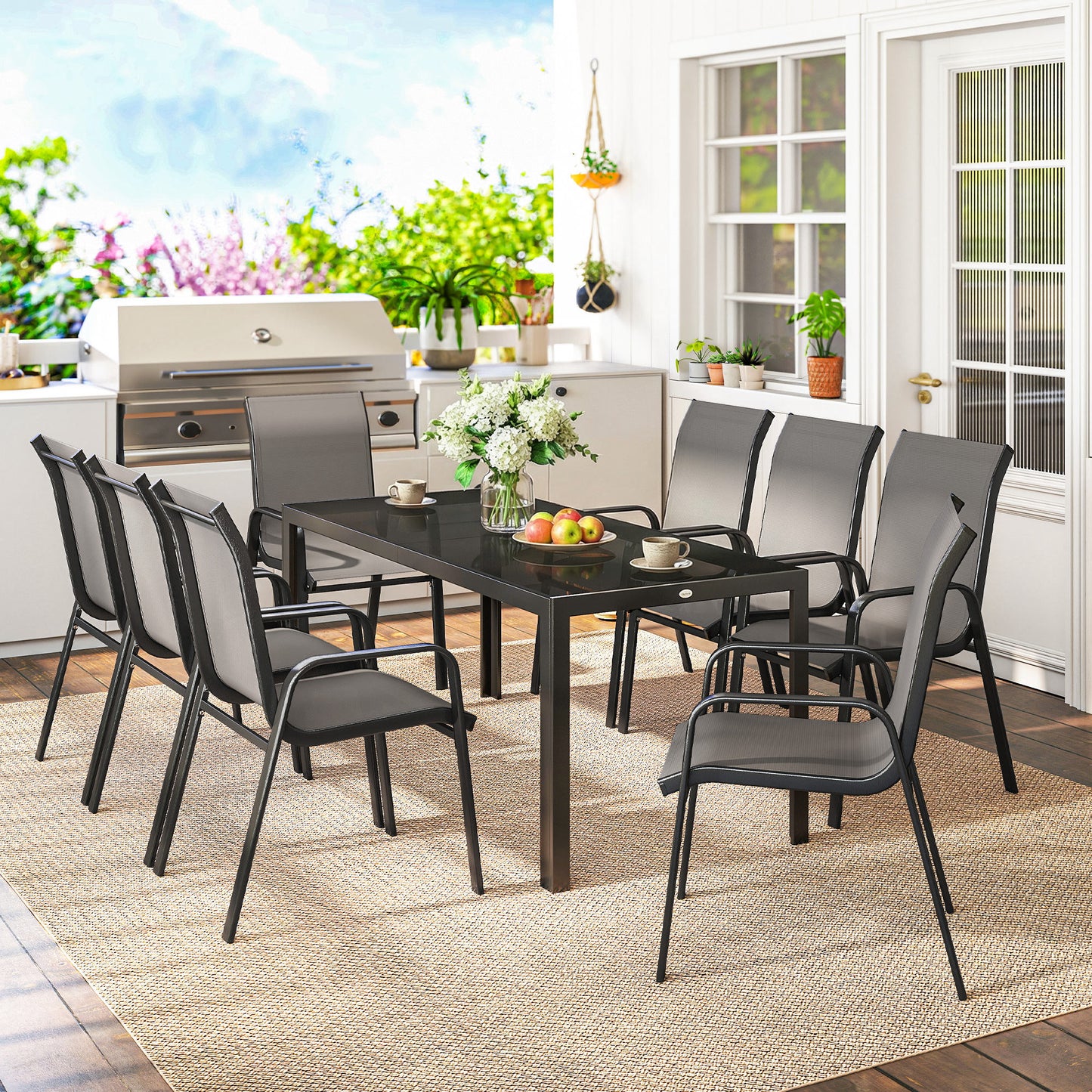 Outdoor Dining Sets for 8 with Stackable Chairs, Patio Dining Set with Glass Top Table for Garden, Patio, Backyard, Dark Grey