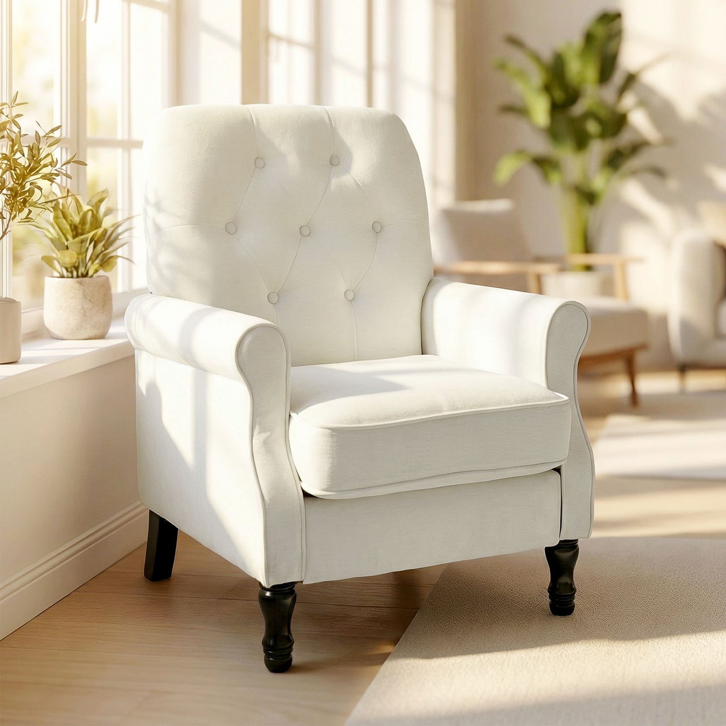 Accent Chair, Mid-Century Modern Armchair with Thick Padded Seat, Spring Cushion, Solid Wood Legs, Cream White