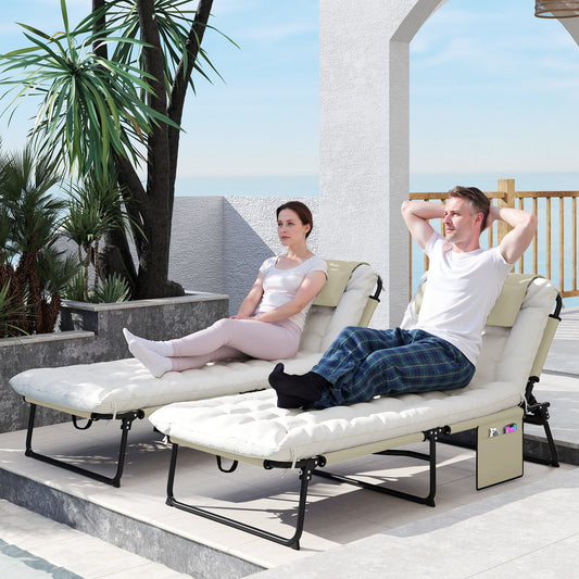 2-Piece Folding Lounge Chairs with Adjustable Backrest, Tanning Chair with Cushion, Side Pocket, Headrest, Beige - Beige