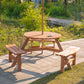6 Person Round Picnic Table Bench Set with Umbrella Hole, Wood Patio Table with 3 Built-in Benches for Garden, Deck, Backyard, Brown