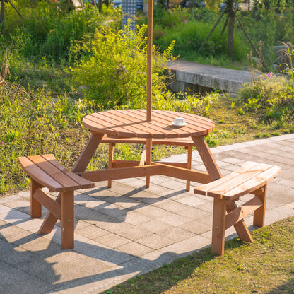 6-Person Wood Picnic Table with 3 Built-In Benches
