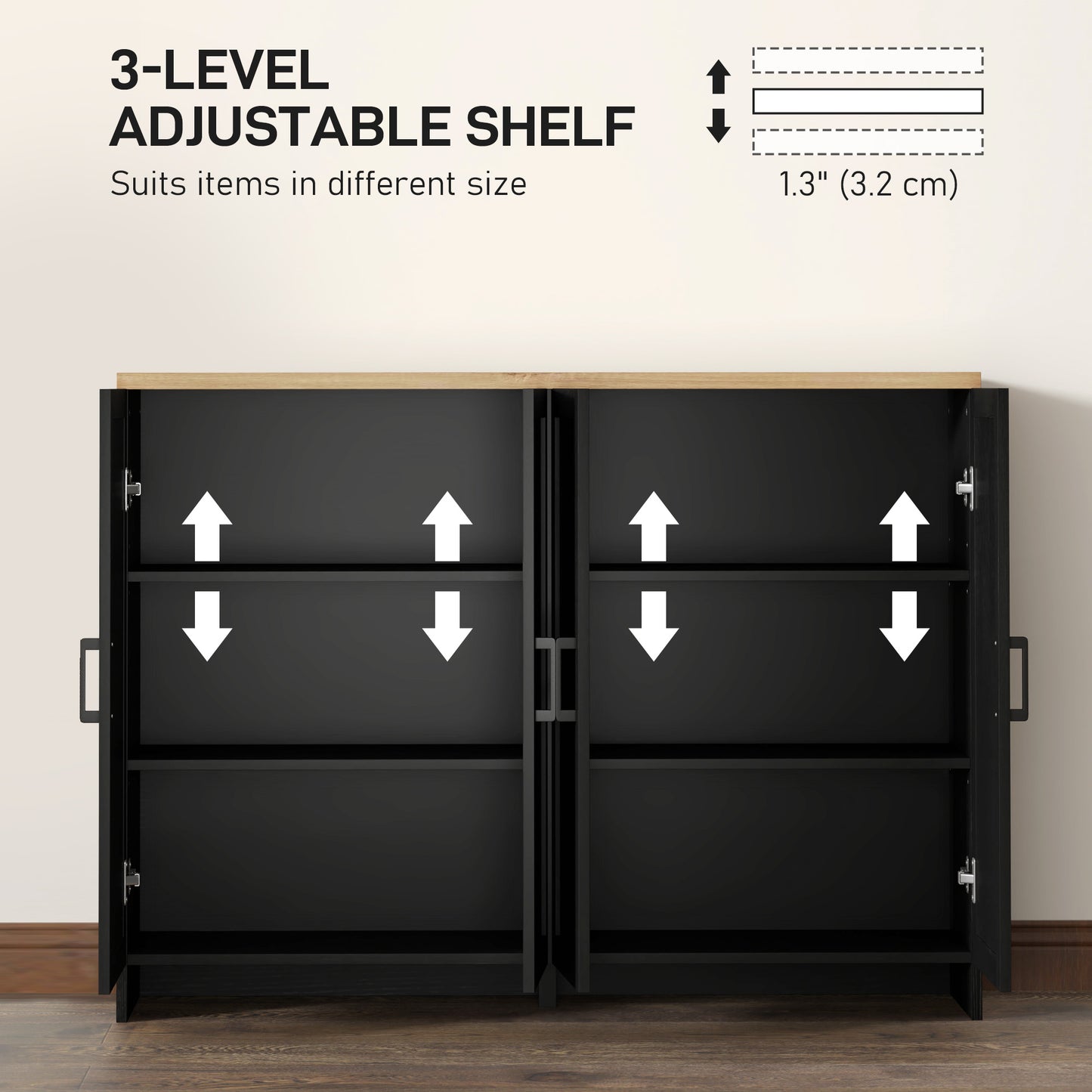 Modern Sideboard Buffet Cabinet, Modern Kitchen Storage Cabinet with 4 Doors Adjustable Shelves, for Dining Room, Black