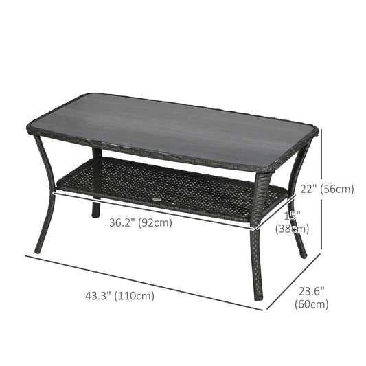 Outdoor Patio PE Rattan Coffee Table with Storage Shelf, Wicker Side Table with Glass Top, Black