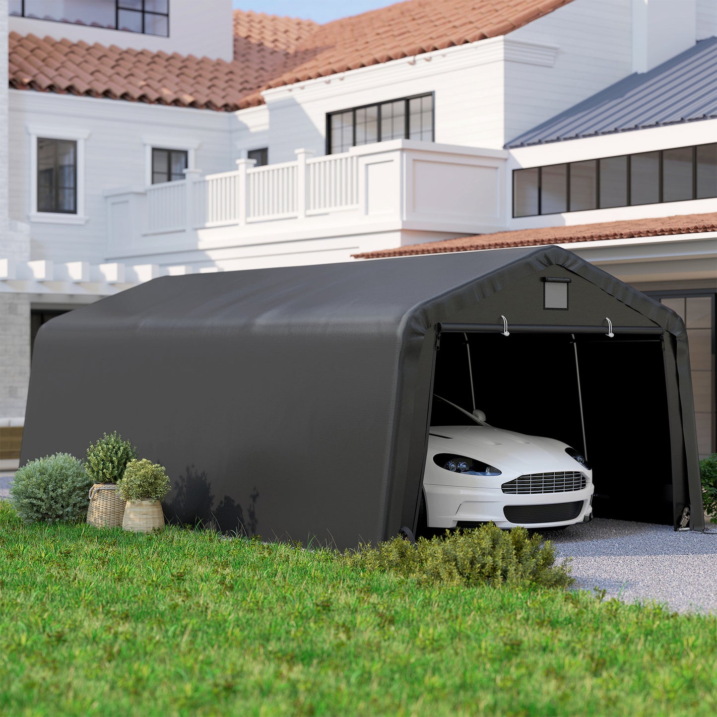 Portable Garage, Heavy Duty Carport Canopy with Ventilation Windows and Large Roll-up Door, Dark Grey