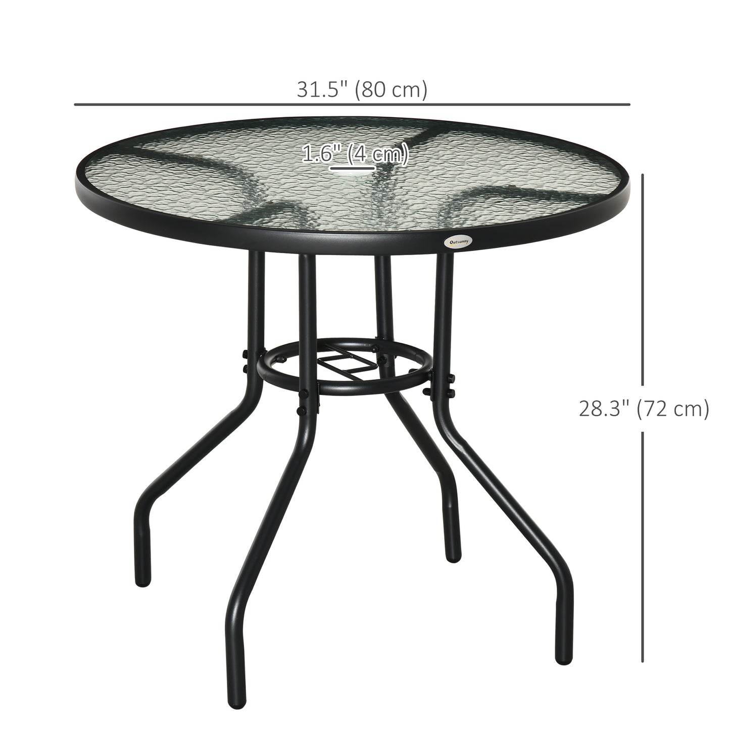 31.5" Round Outdoor Dining Table Coffee Side Bistro Table with Umbrella Hole, Glass Top, Steel Frame for Garden, Patio