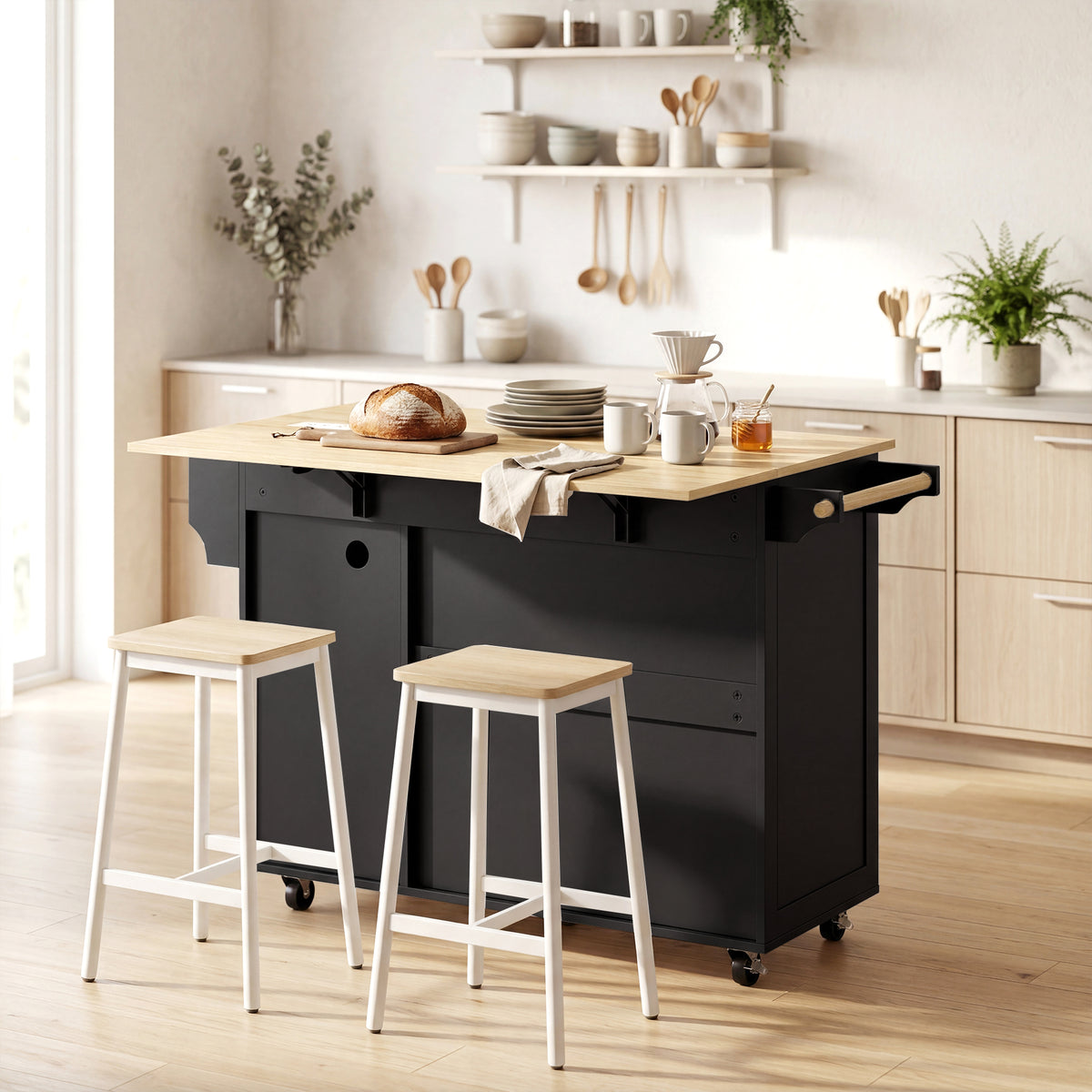 Kitchen Island with Drop Leaf, Rolling Kitchen Cart with Power Outlet, Cabinet, 3 Drawers, Spice Rack, Towel Bar, Black