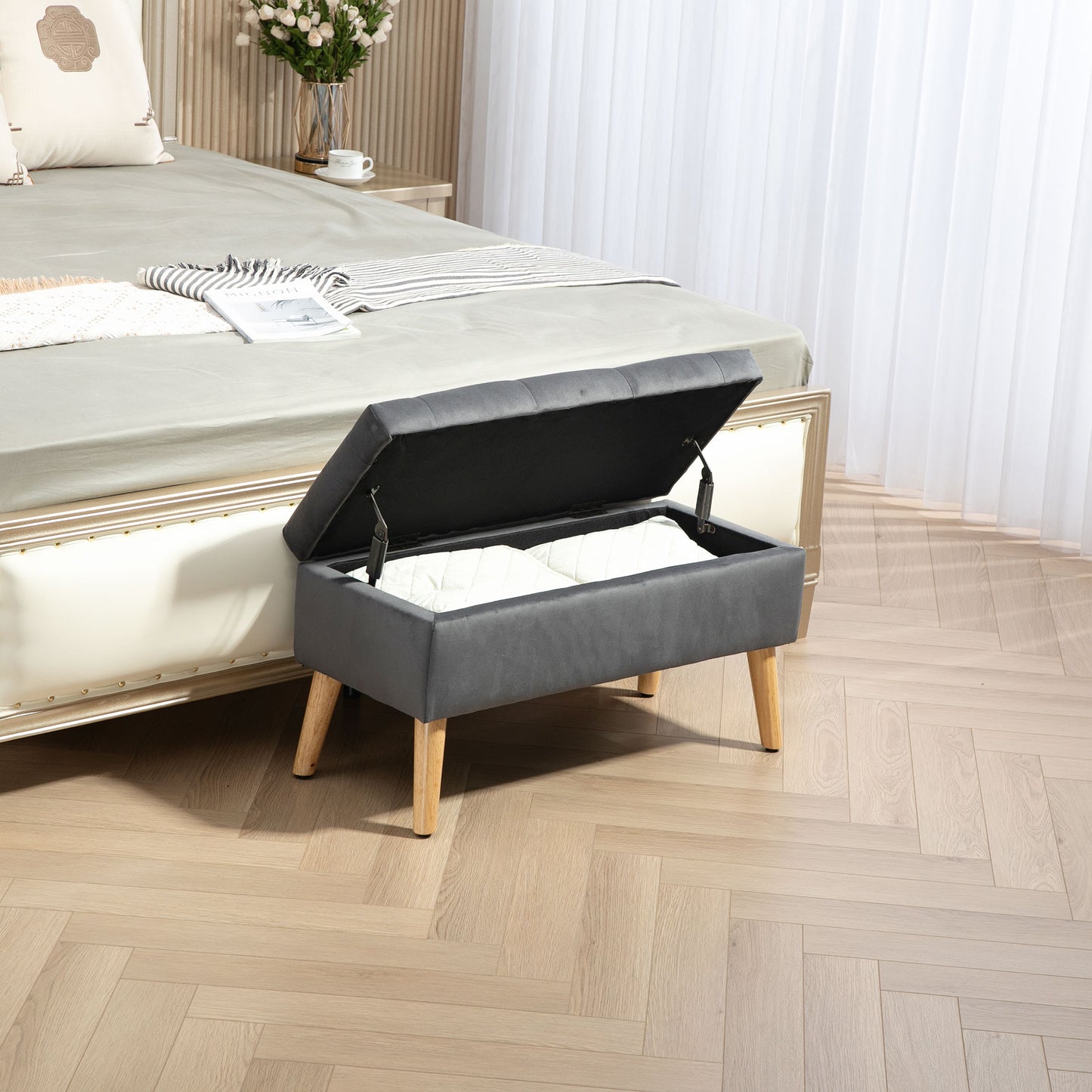 Storage Ottoman with Lid, Velvet Upholstered Storage Bench with Wood Legs for Living Room, Charcoal Grey