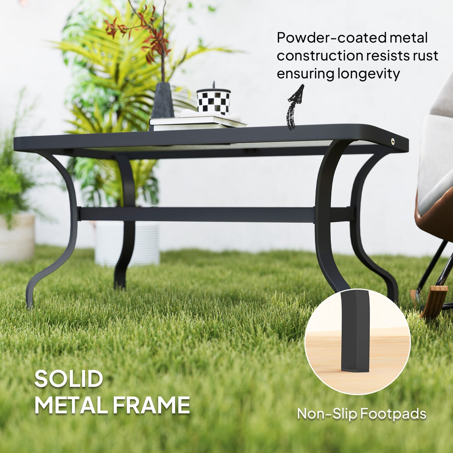 37" Patio Coffee Table with Tempered Glass Top, Outdoor Coffee Table with Metal Frame, Black