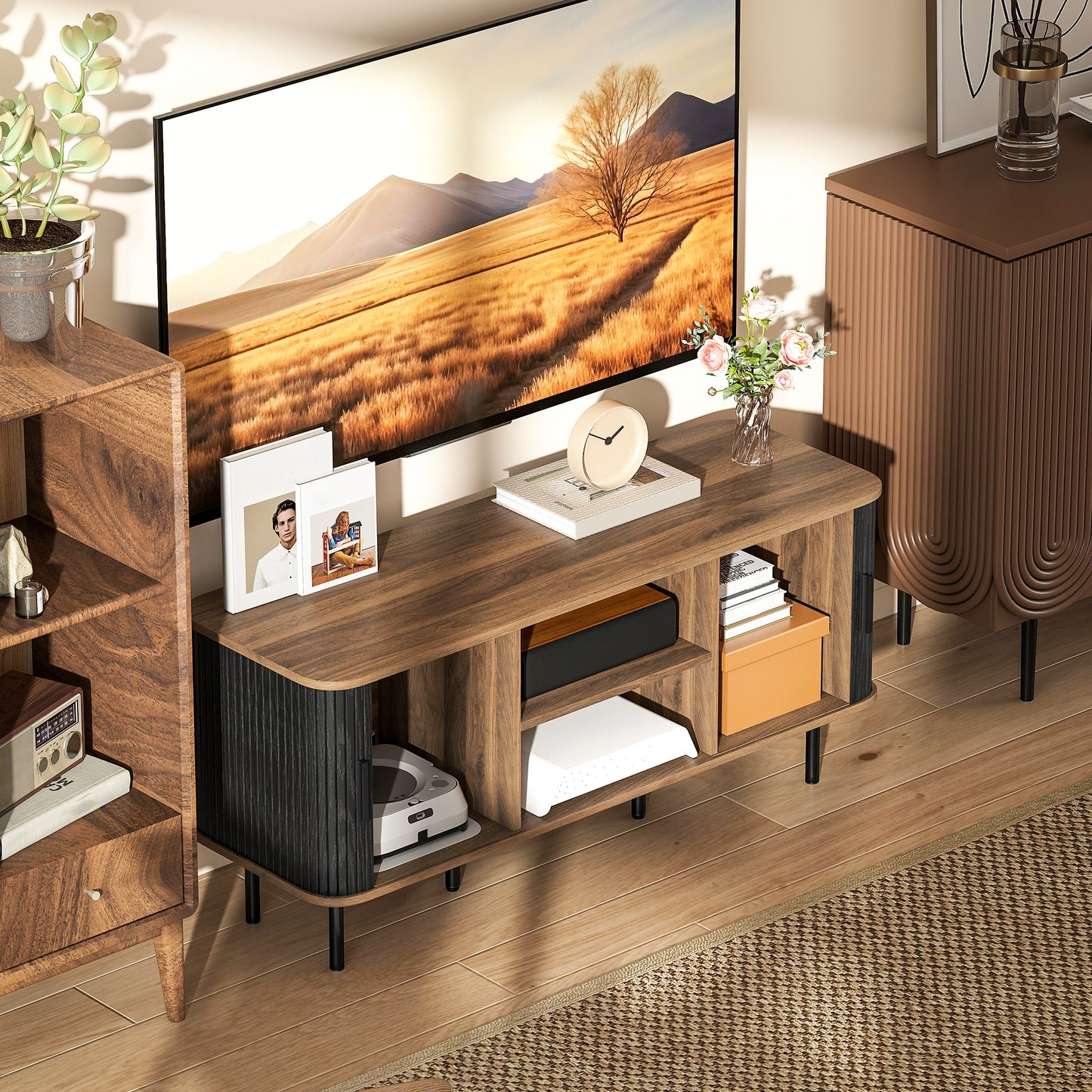 TV Stand Cabinet for TVs up to 55 Inches, TV Unit with Storage Shelves and Cabinets for Living Room, Black