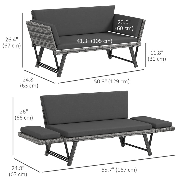 Convertible Wicker Loveseat Grey Patio Chaise Lounge