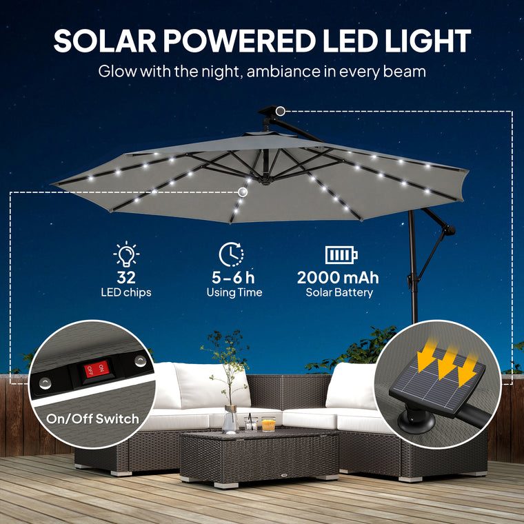 9.7' Grey Cantilever Patio Umbrella with Solar Light