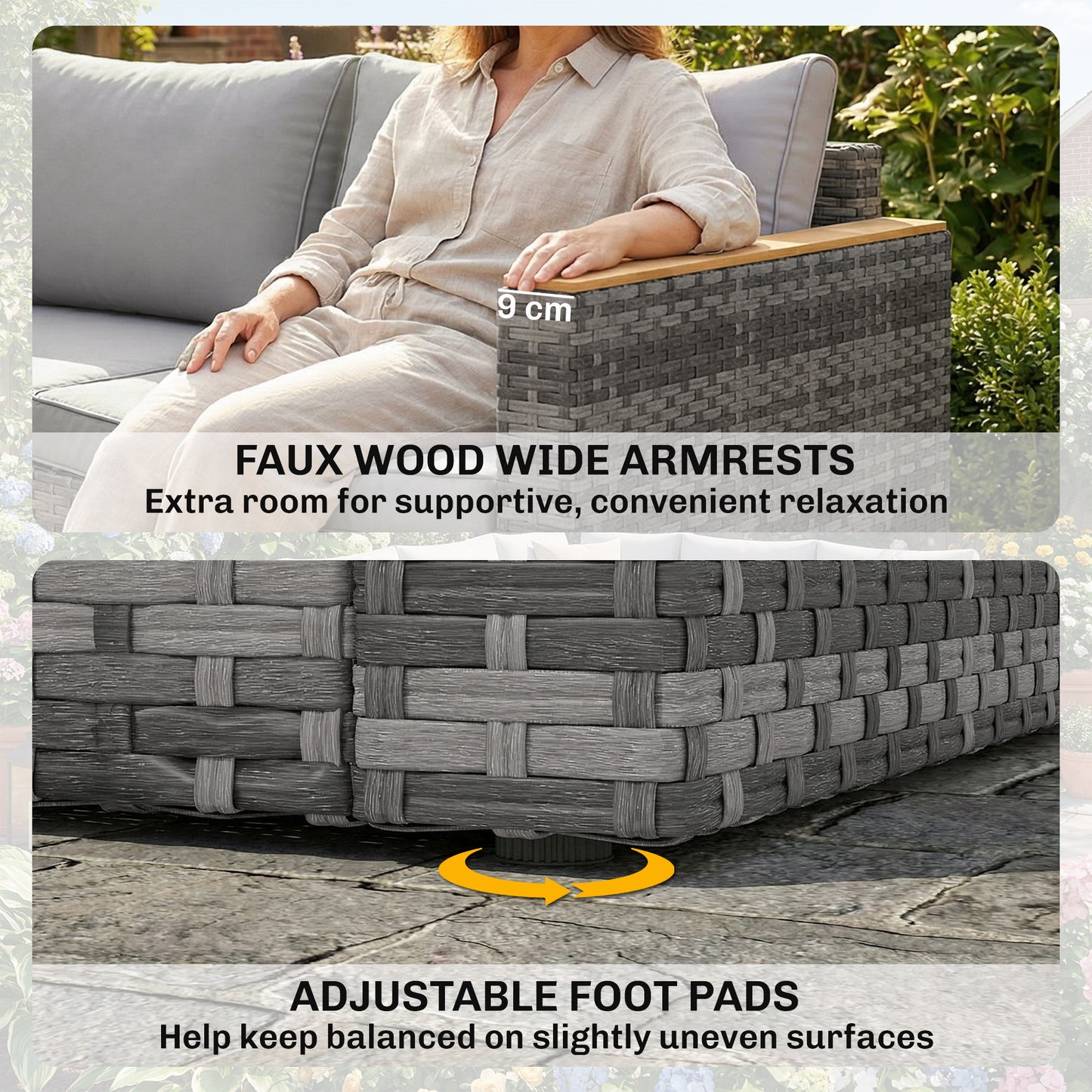 7 Piece Patio Furniture Set, L-Shaped Wicker Outdoor Sectional Sofa with Faux Wood Coffee Table, Cushions, Light Grey