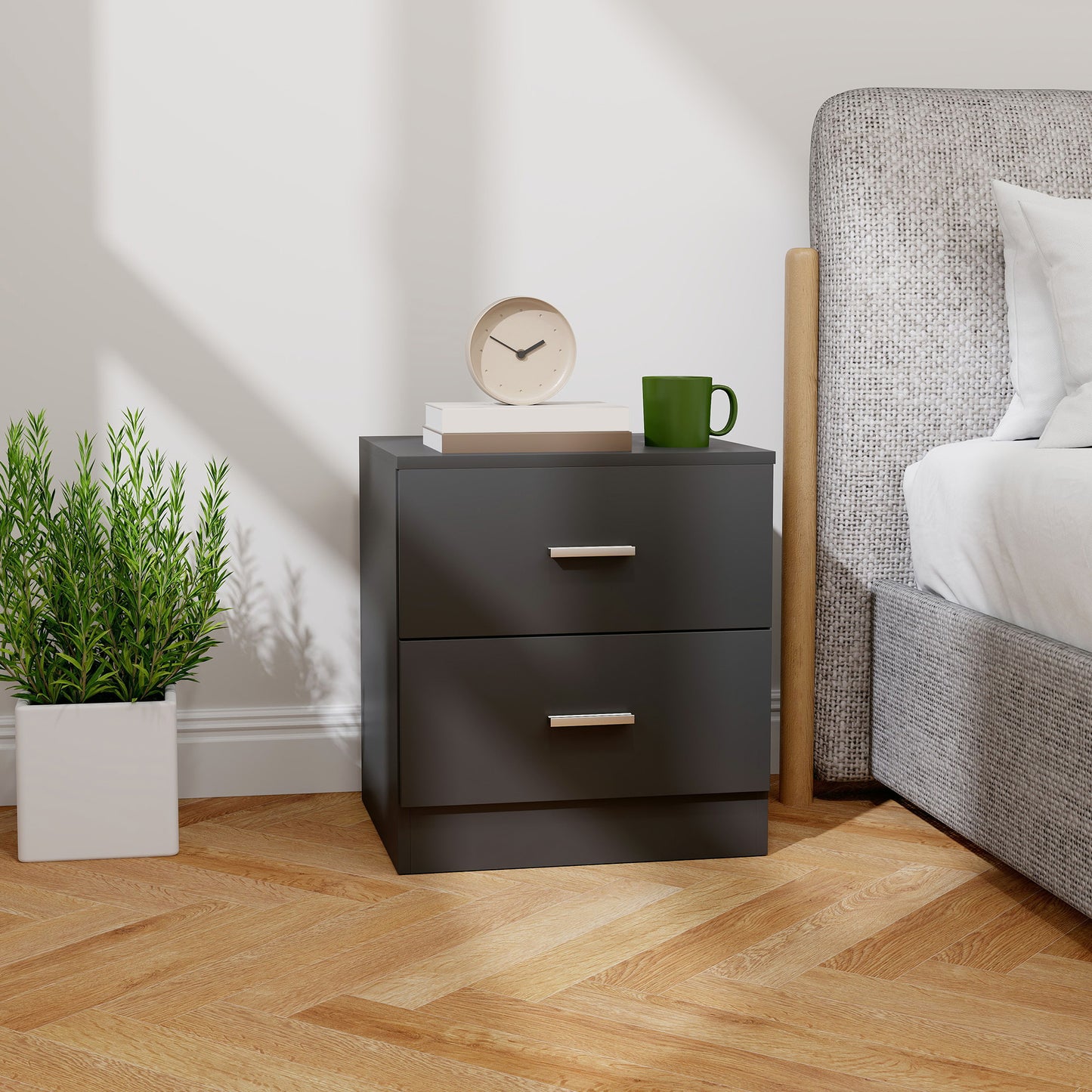 Bedside Table with 2 Drawers, Modern Nightstand for Bedroom, Black