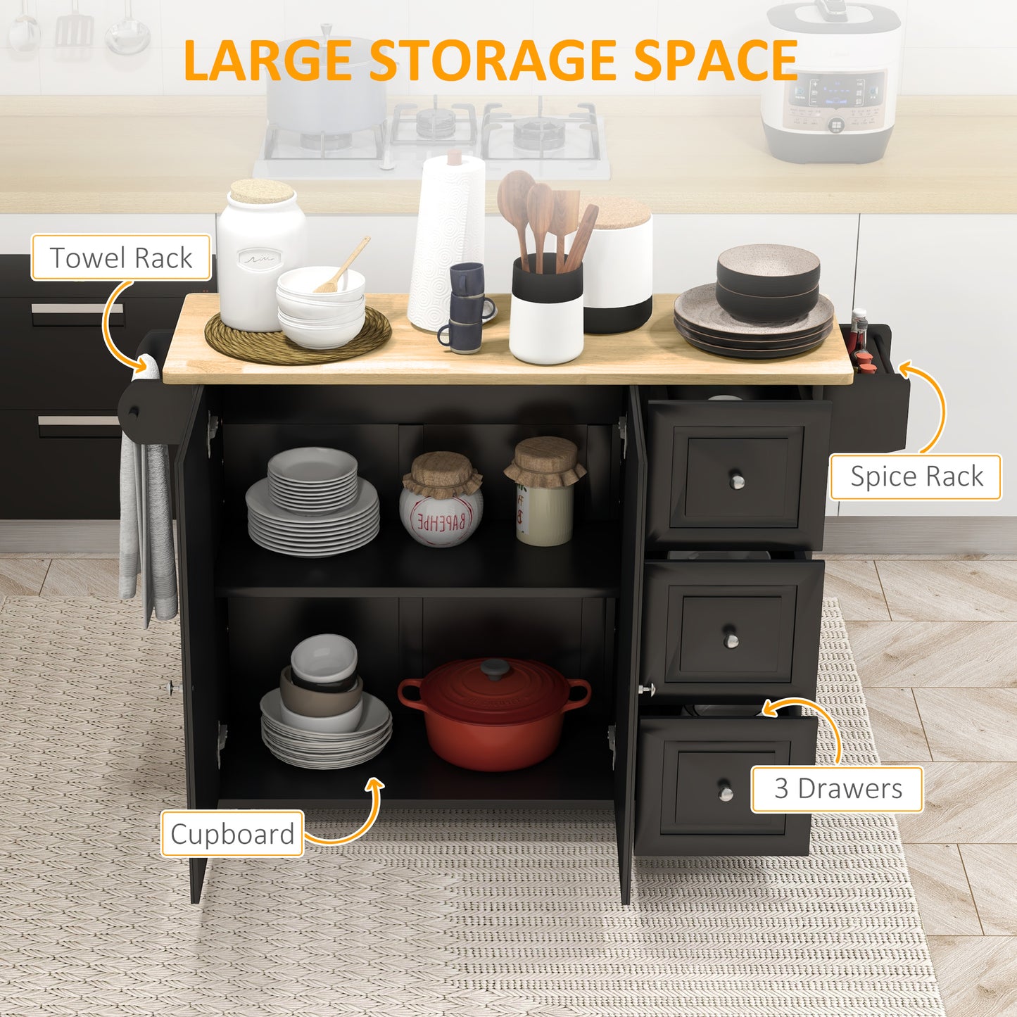 Kitchen Island on Wheels, Kitchen Cart with Drop Leaf, Drawers, Black