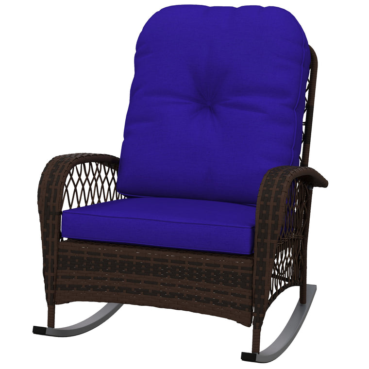 Dark Blue Wicker Rocking Chair with Thick Cushions