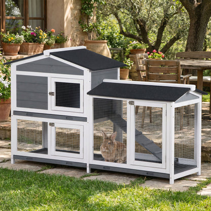 2-tier Wooden Rabbit Hutch w/ Ramp and Outdoor Run, Grey