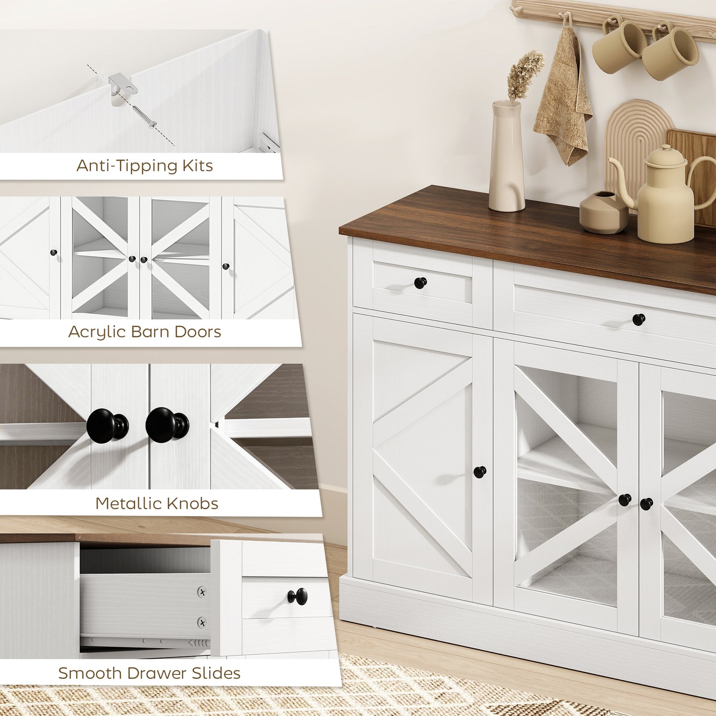 Sideboard Buffet Cabinet, 54" Farmhouse Kitchen Storage Cabinet with Acrylic Barn Doors and 3 Drawers, White Wood Grain