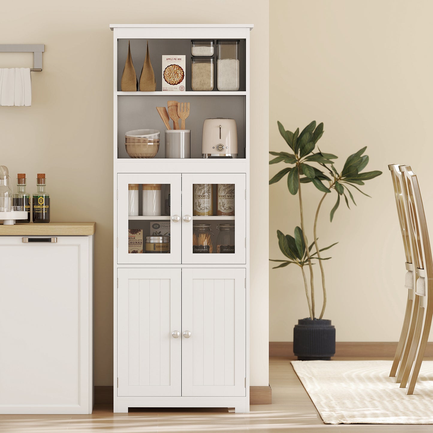 63" Small Buffet with Hutch, 4-Door Kitchen Pantry, Freestanding Storage Cabinet with Adjustable Shelf for Dining Room, Living Room, White