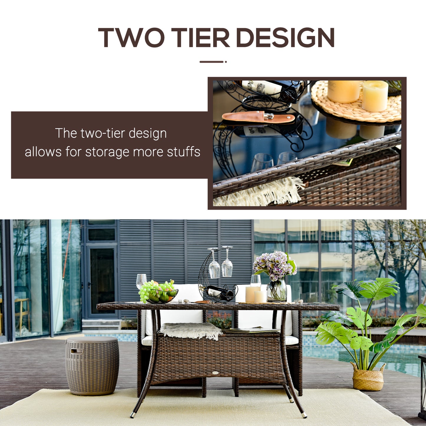 Garden Dining Table, Patio Rattan Dining Table with Glass Top, Storage Shelf for Yard, 59" x 34" x 29", Brown