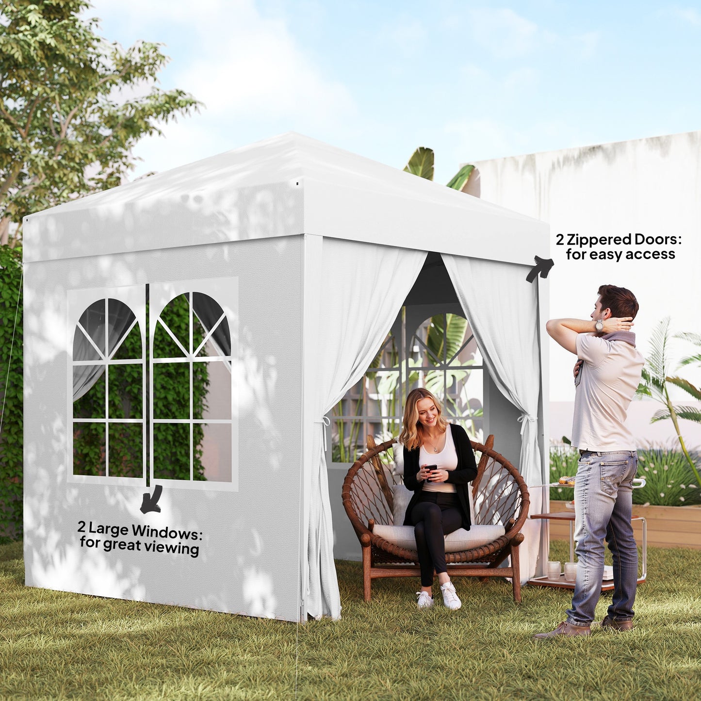 6.6'x6.6' Pop Up Canopy Tent with Sidewalls, Instant Sun Shelter Camping Gazebo with Carry Bag, White