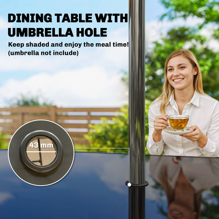 Metal Dining Table for 6 with Umbrella Hole and Glass Top
