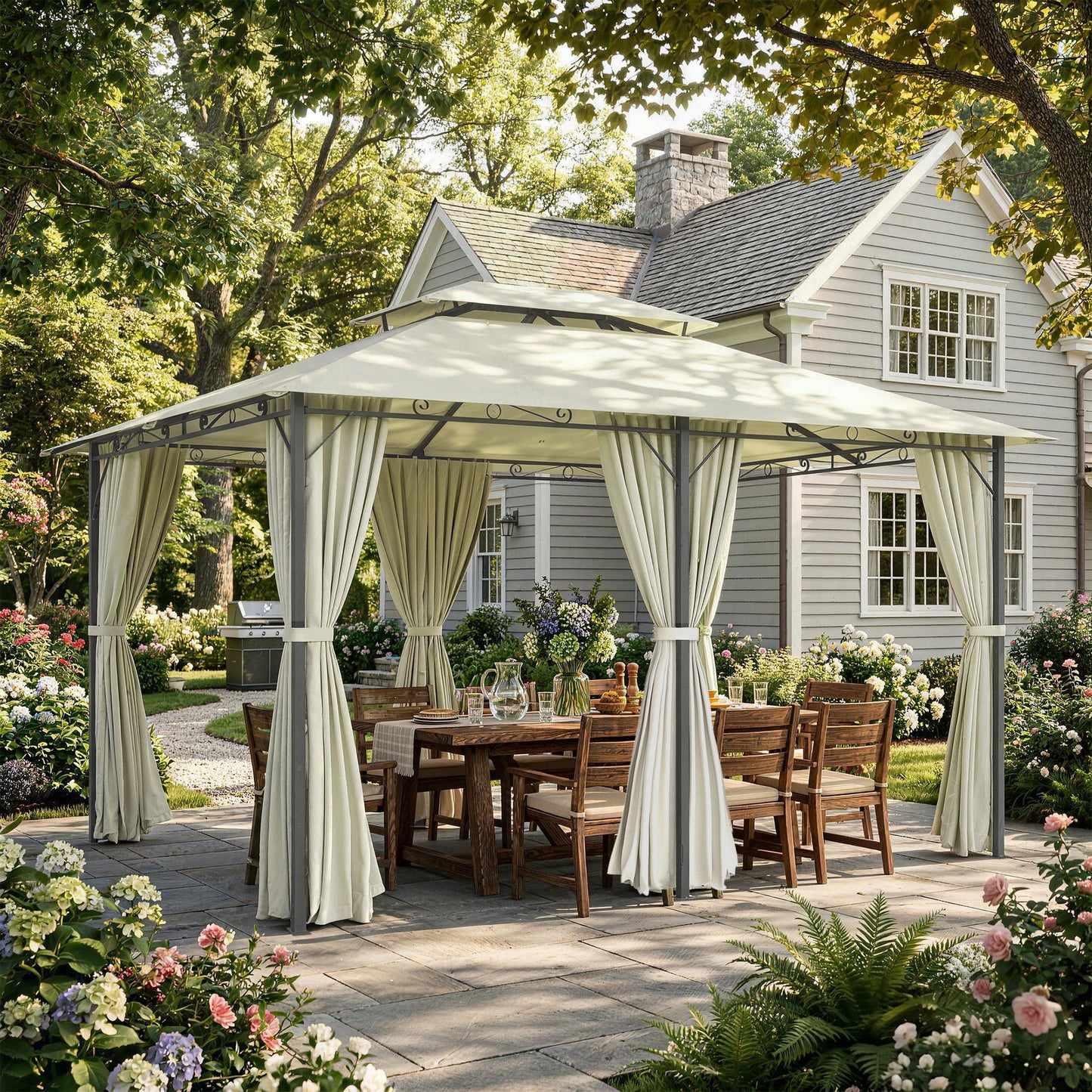 13' x 10' Soft-top Gazebo Patio Steel Canopy Portable Party Event with Double Canopy Roof, Curtains, Cream White