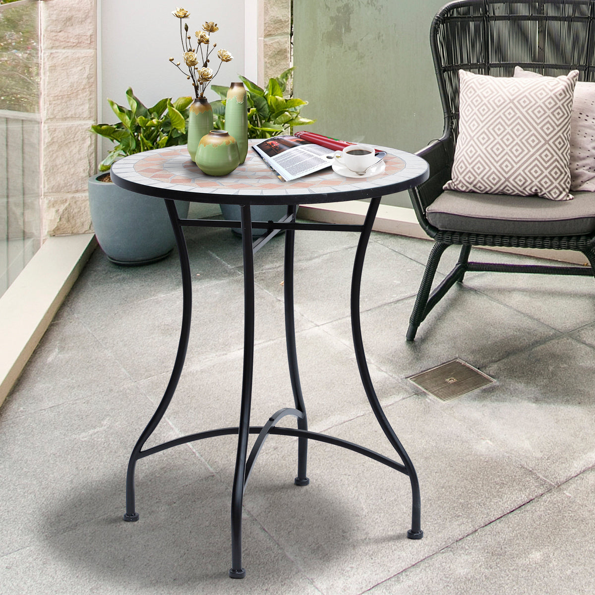 23.5" Mosaic Round Patio Table, Metal Side Bistro Coffee Table, Outdoor Furniture, Ceramic Tabletop for Garden Lawn