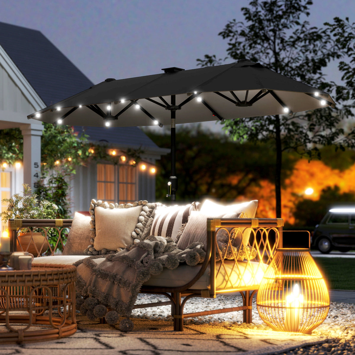 10ft Double-Sided Patio Umbrella with 35 LED Lights, 12 ribs, Extra Large Outdoor Parasol with Twin Canopy, Dark Grey