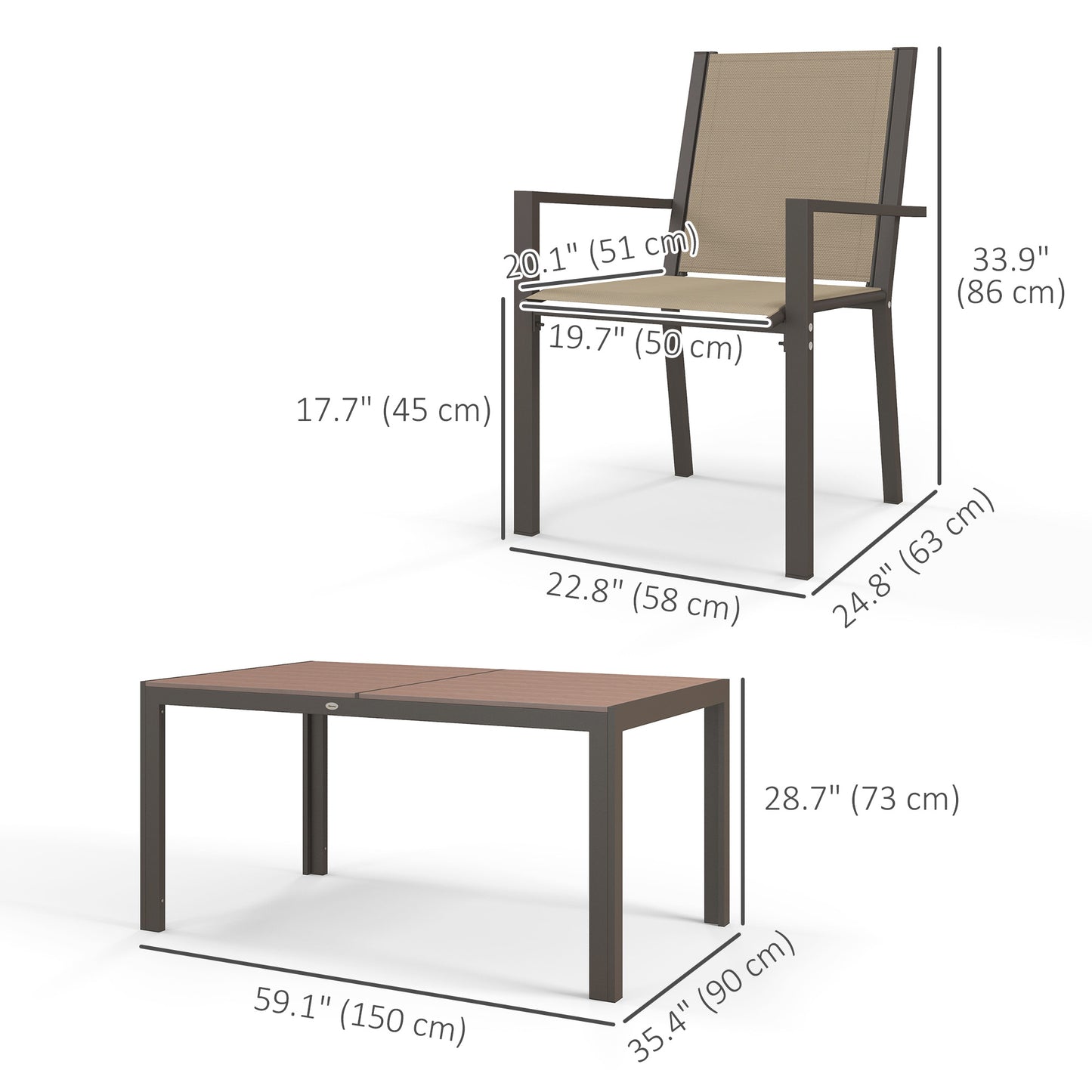 7 Piece Outdoor Dining Set with Rectangular Table and 6 Stackable Chairs, for Backyard, Lawn, Deck, Balcony, Pool Side