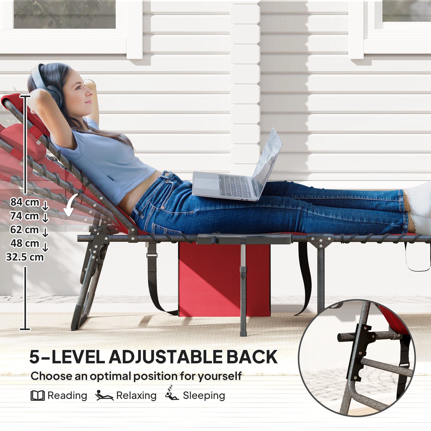 Folding Lounge Chair, Outdoor Chaise Lounge Tanning Chair with Adjustable Back, Side Table, Headrest, Black