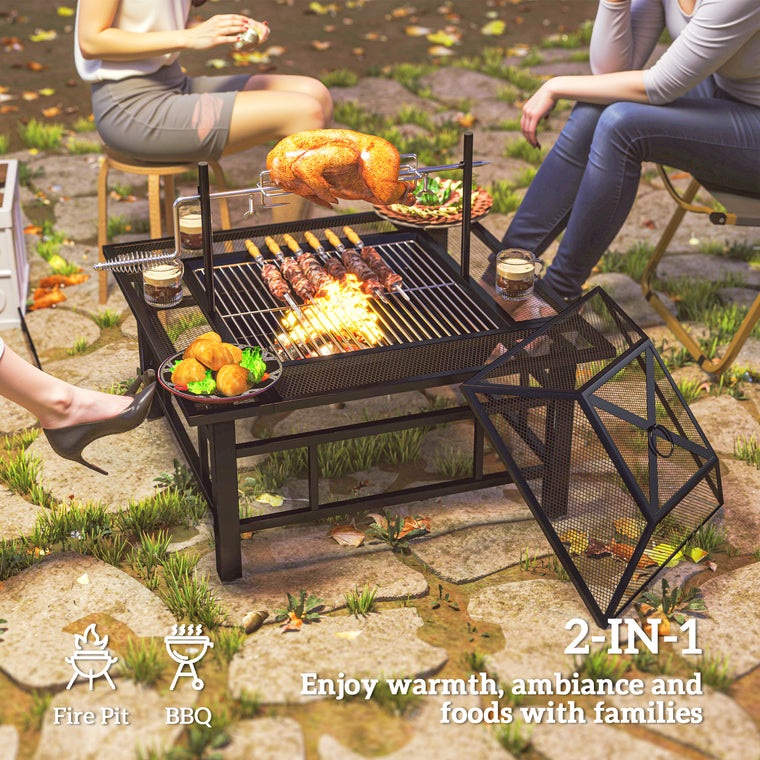 Black 2-in-1 Wood Fire Pit with BBQ Grill Grate