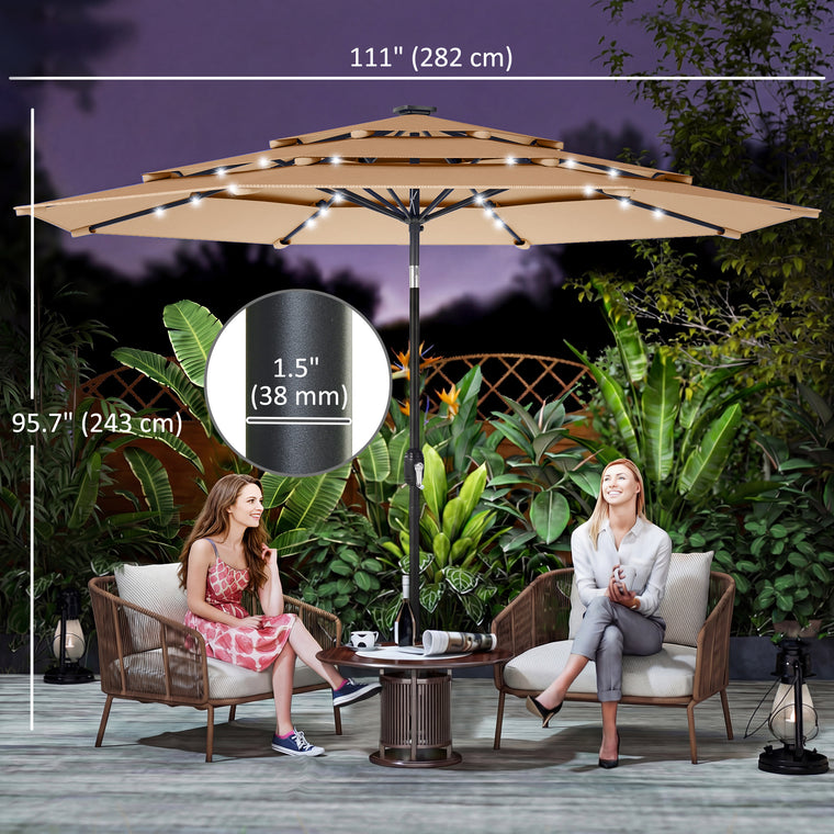 9.3' Khaki Market Umbrella with Solar LED Lights & Tilt Crank