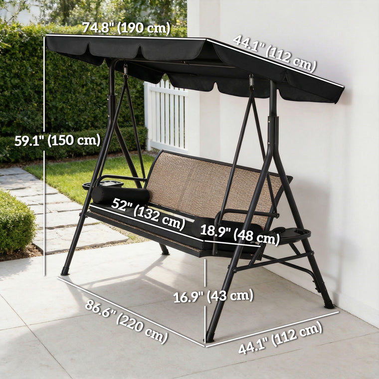 3-Seat Porch Swing with Canopy & Removable Cushion