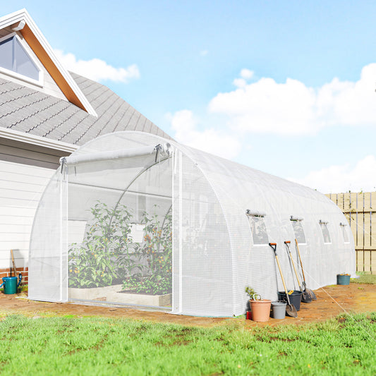 Walk-in Tunnel Greenhouse with 2 Support Rods, Mesh Door, Plant Hot House with PE Cover, 20'x10'x7', White