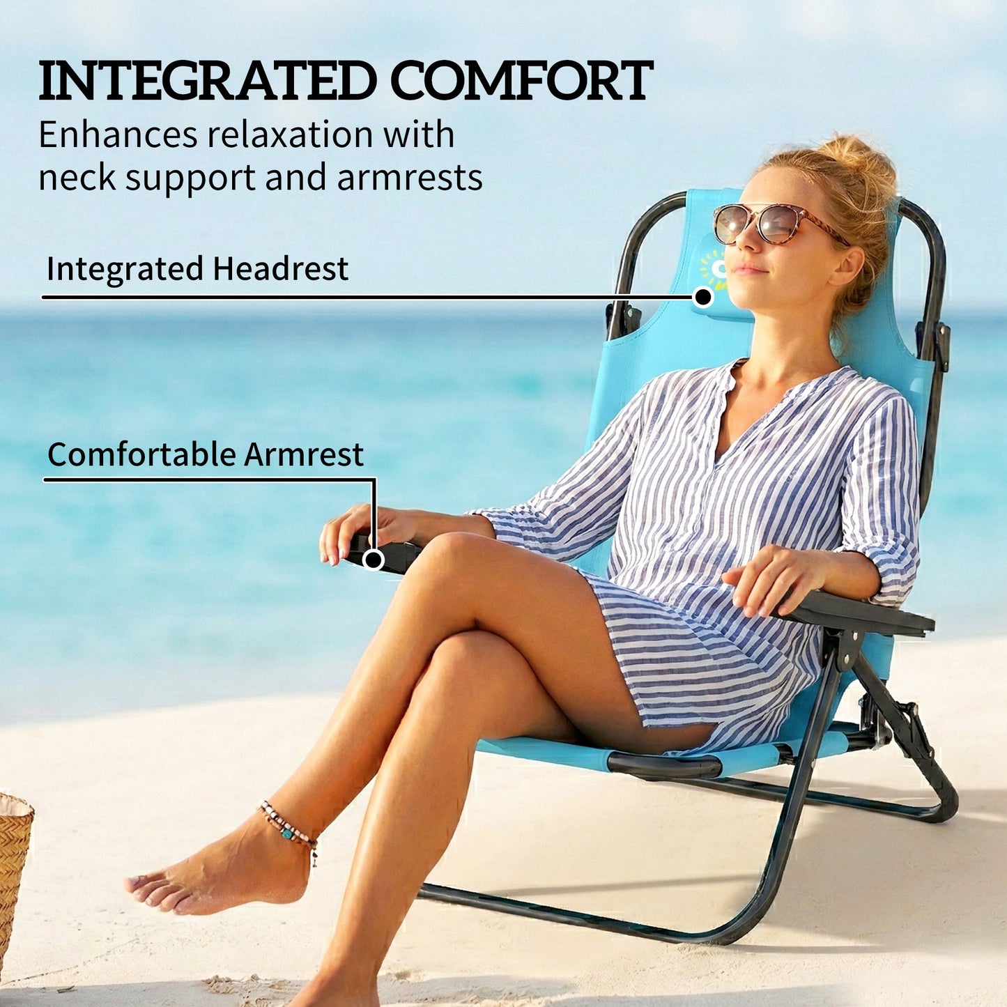 Set of 2 Beach Chair 5-Position Adjustable Folding Camping Chair with Headrest Armrests Light Blue