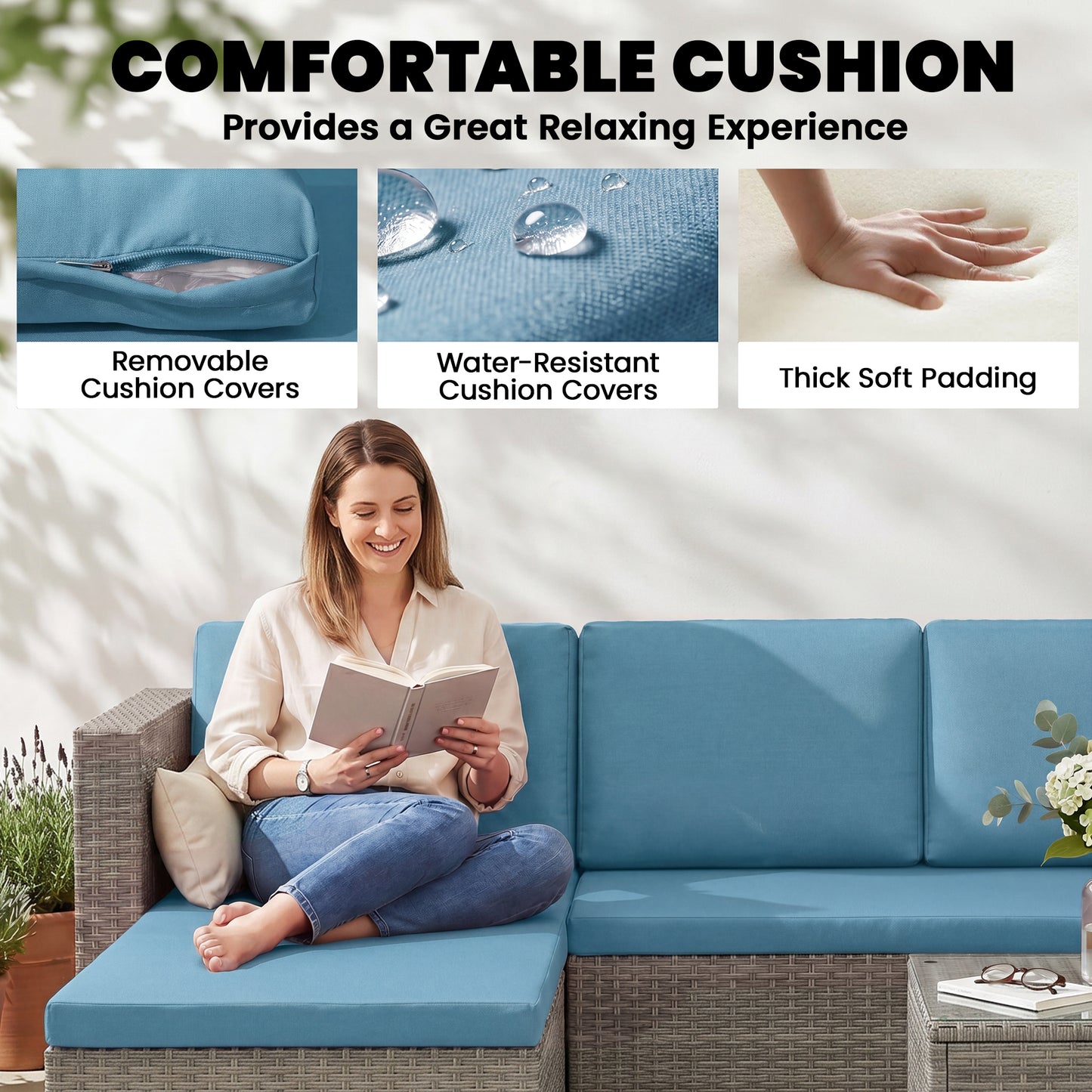 3-Piece Patio Furniture Set Modern Sectional Sofa Rattan Chair Wicker Conversation Set Outdoor Hand Woven Rattan Wicker Furniture Patio Coffee Table Sofa Set, Blue