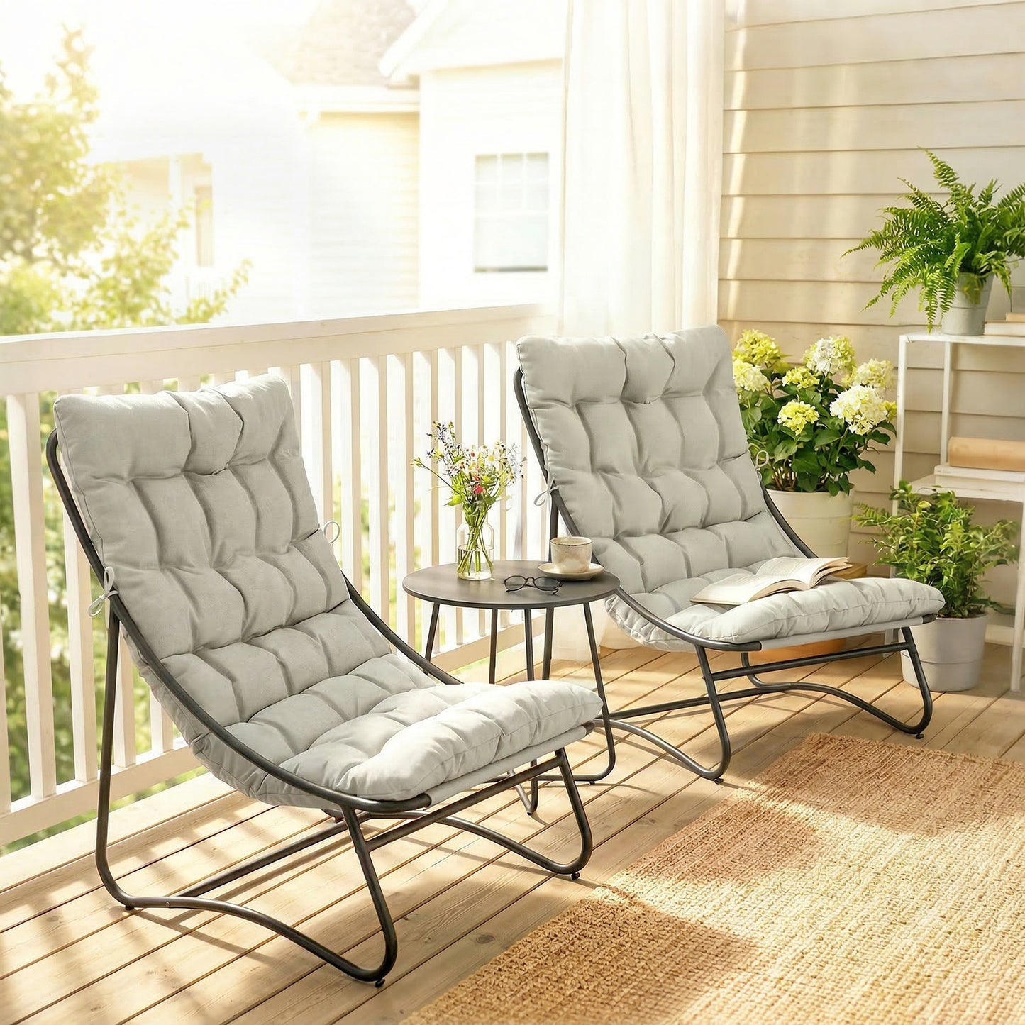 3 Piece Outdoor Bistro Set, Round Patio Table and Chairs Set for 2 with Breathable Mesh Seat and Cushions, Light Grey