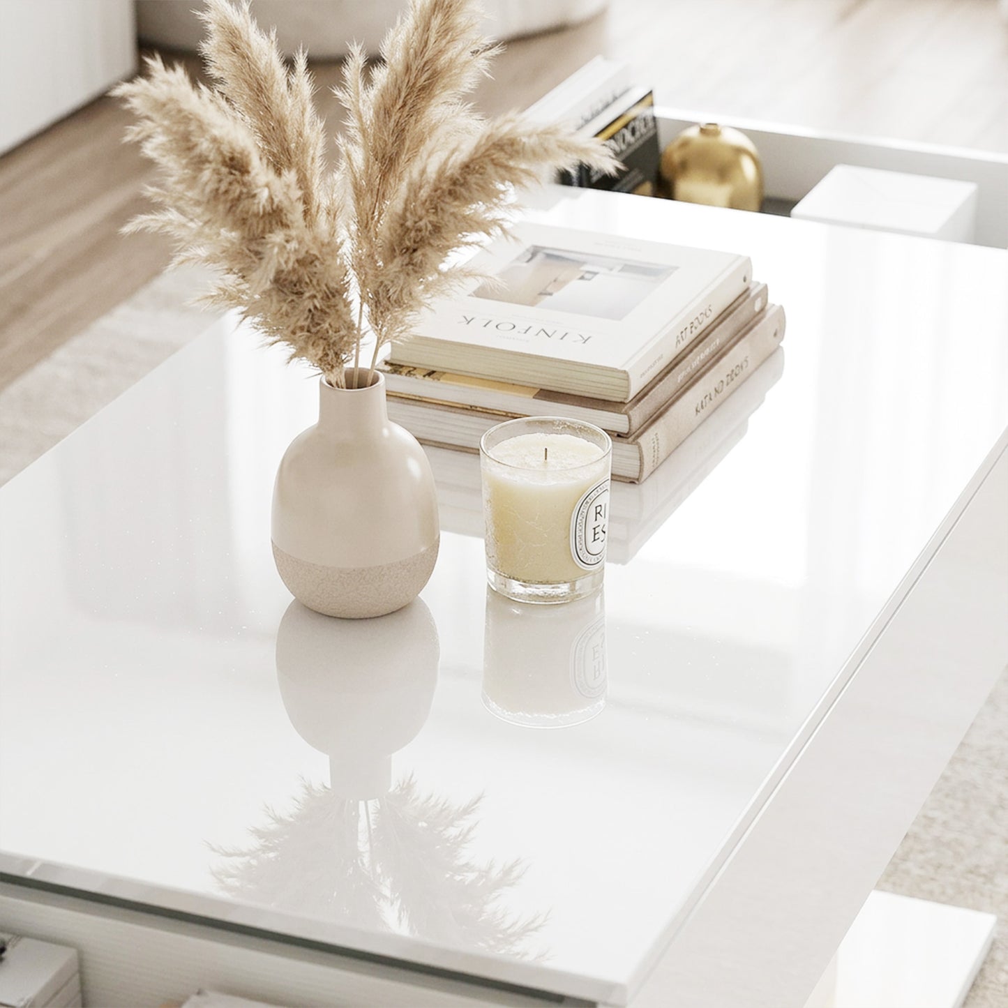 LED Coffee Table with Storage, High Gloss Modern Center Table with 2 Drawers and Remote Control for Living Room, White